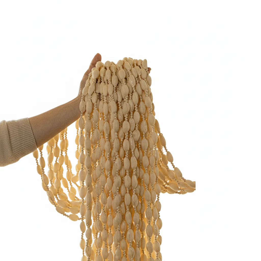 Boho-tyylinen Oviverho Helmillä Koristeltu