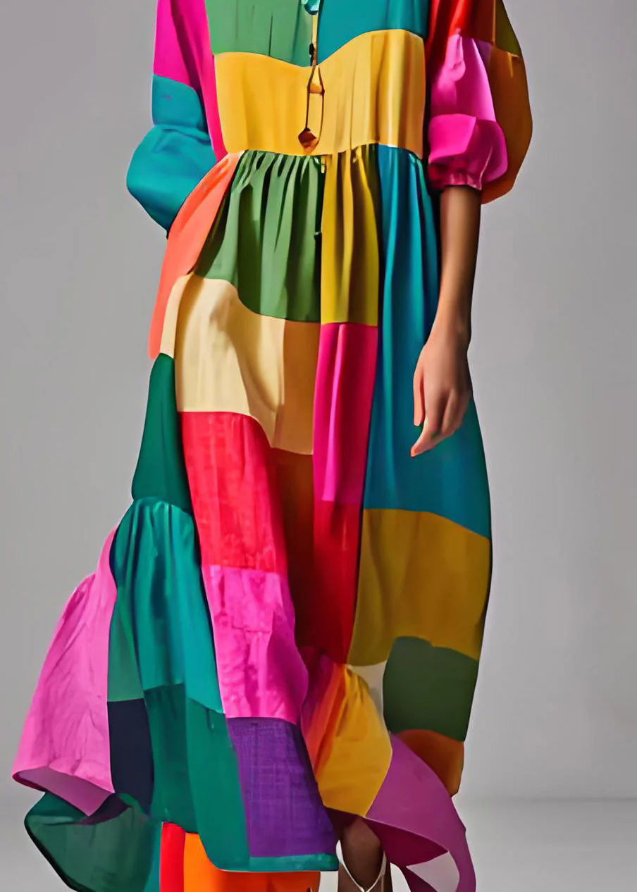 Naisten Colorblock Puff Sleeve Mekko - Image 4