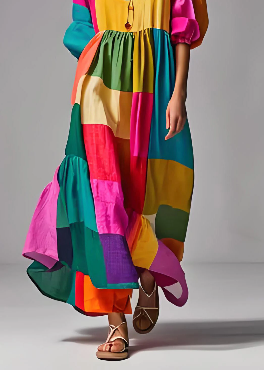 Naisten Colorblock Puff Sleeve Mekko - Image 5