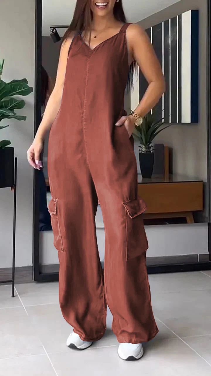 Naisten Denim Jumpsuit V-halkio ja Avonaiset Olkaimet - Image 10