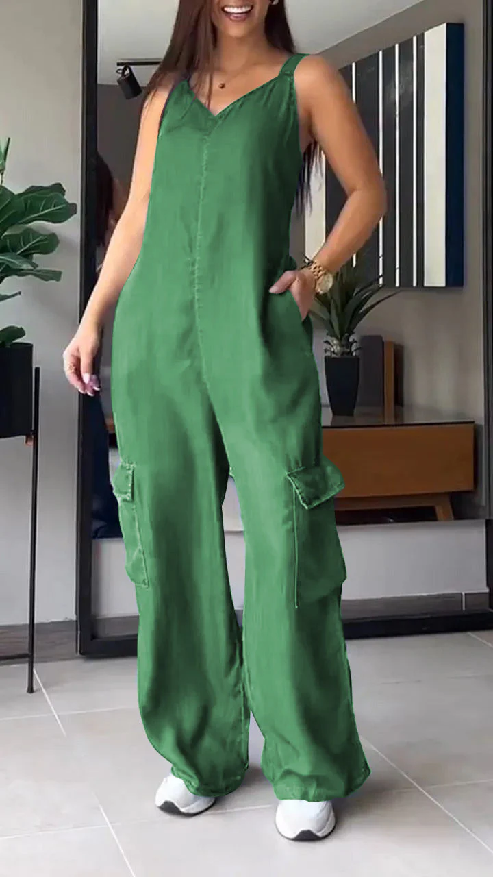 Naisten Denim Jumpsuit V-halkio ja Avonaiset Olkaimet - Image 11