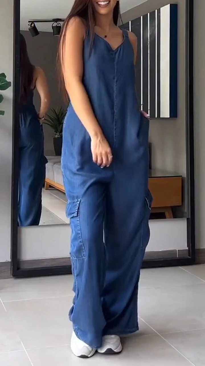 Naisten Denim Jumpsuit V-halkio ja Avonaiset Olkaimet - Image 3
