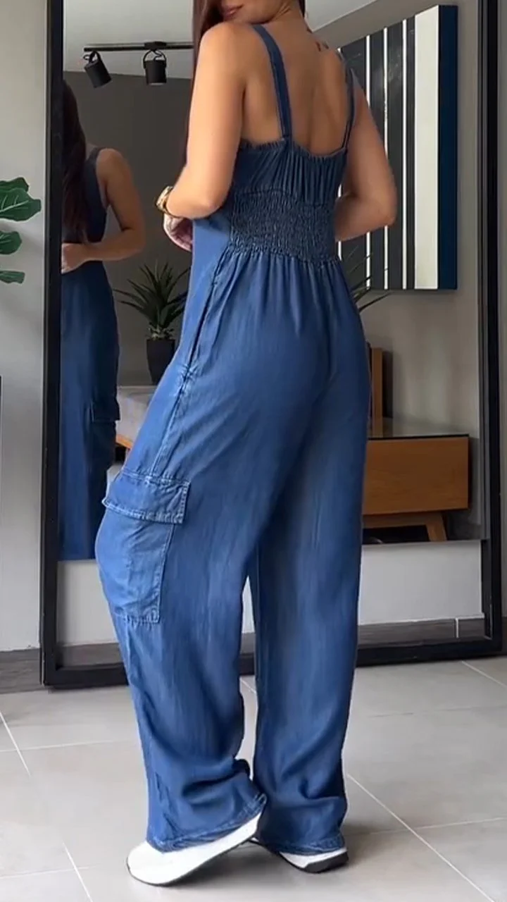 Naisten Denim Jumpsuit V-halkio ja Avonaiset Olkaimet - Image 4