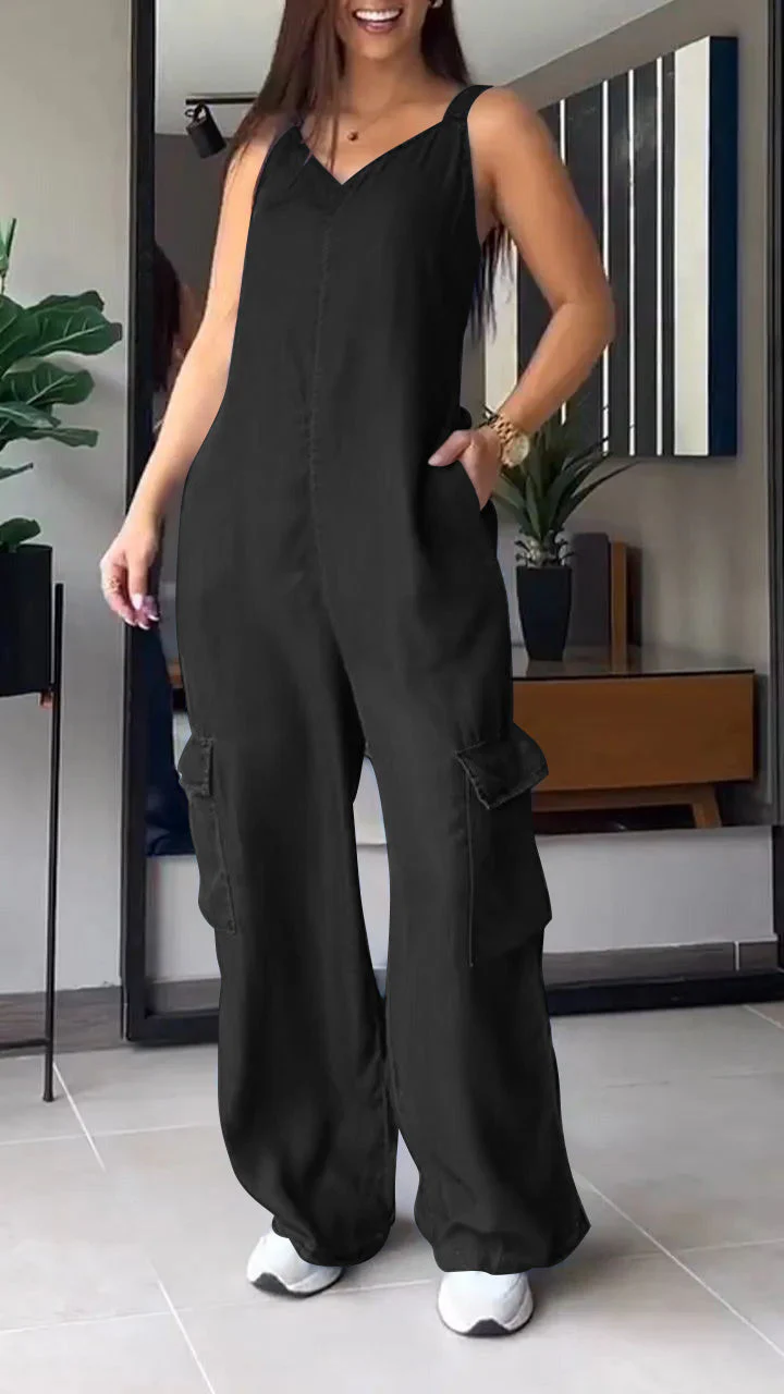 Naisten Denim Jumpsuit V-halkio ja Avonaiset Olkaimet - Image 5