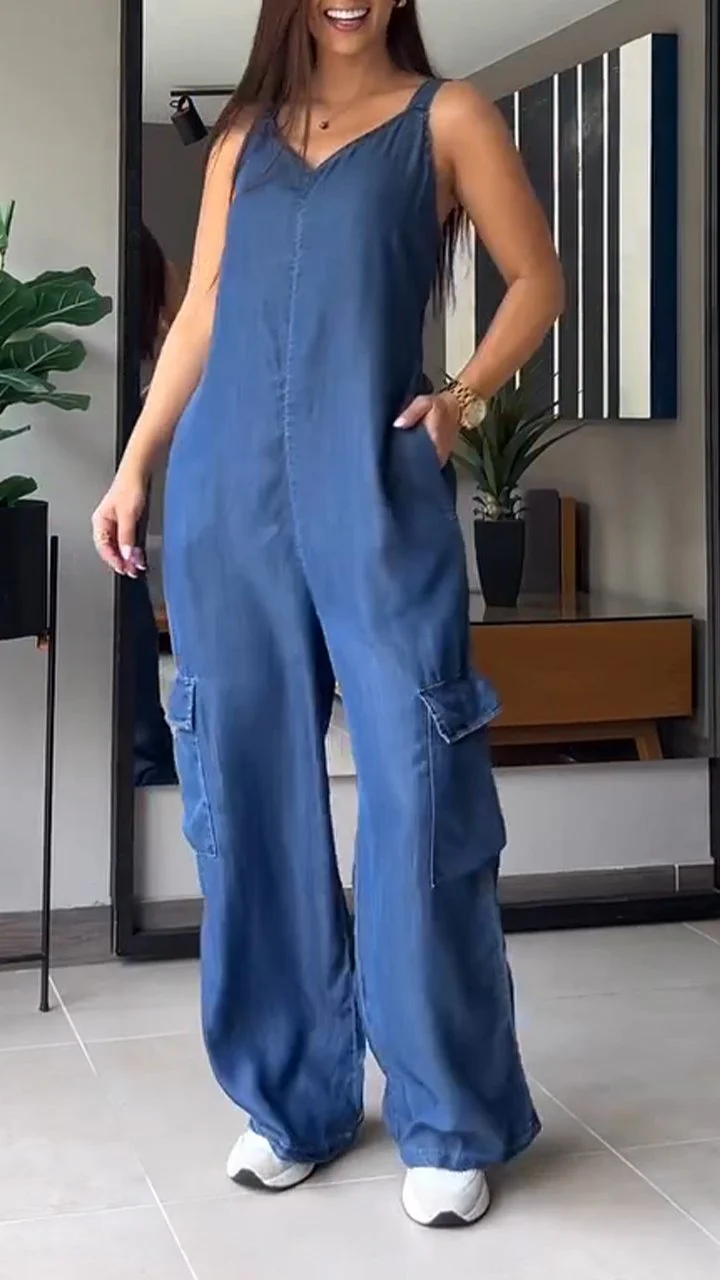 Naisten Denim Jumpsuit V-halkio ja Avonaiset Olkaimet - Image 6