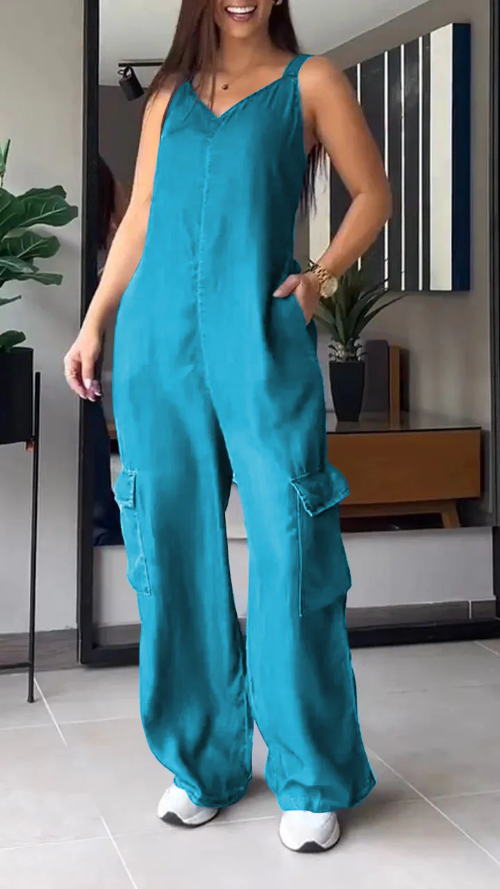 Naisten Denim Jumpsuit V-halkio ja Avonaiset Olkaimet - Image 7