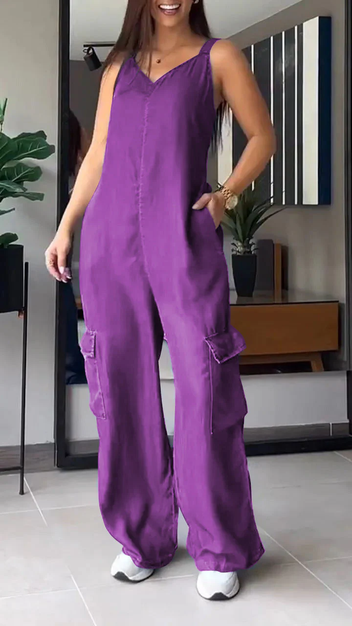 Naisten Denim Jumpsuit V-halkio ja Avonaiset Olkaimet - Image 8