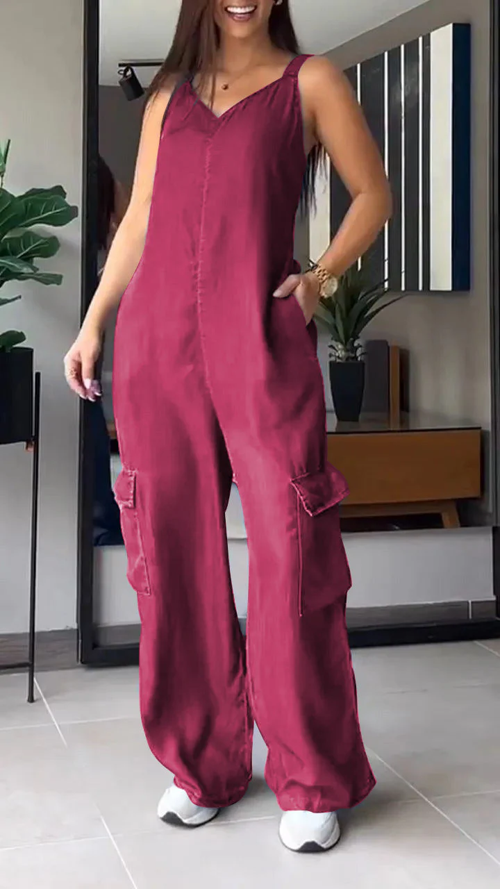 Naisten Denim Jumpsuit V-halkio ja Avonaiset Olkaimet - Image 9