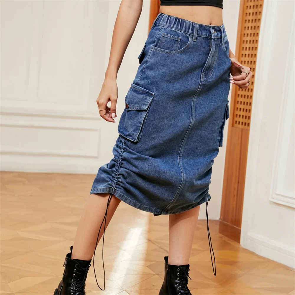 Naisten kiristysnauha Cargo Denim hame - Image 12
