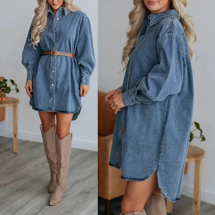 Naisten Pitkähihainen Denim Paitamekko - Image 3